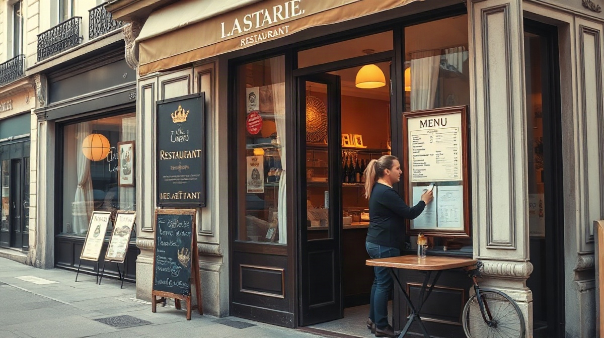 Restaurateur plaçant un menu et des tarifs encadrés dans la vitrine