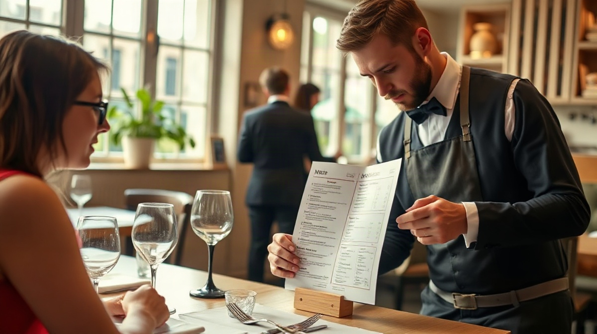 Client consultant un menu et une fiche d’allergènes, serveur expliquant à table