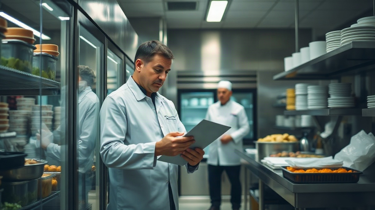 Inspecteur sanitaire vérifiant des aliments réfrigérés avec une feuille, chef derrière