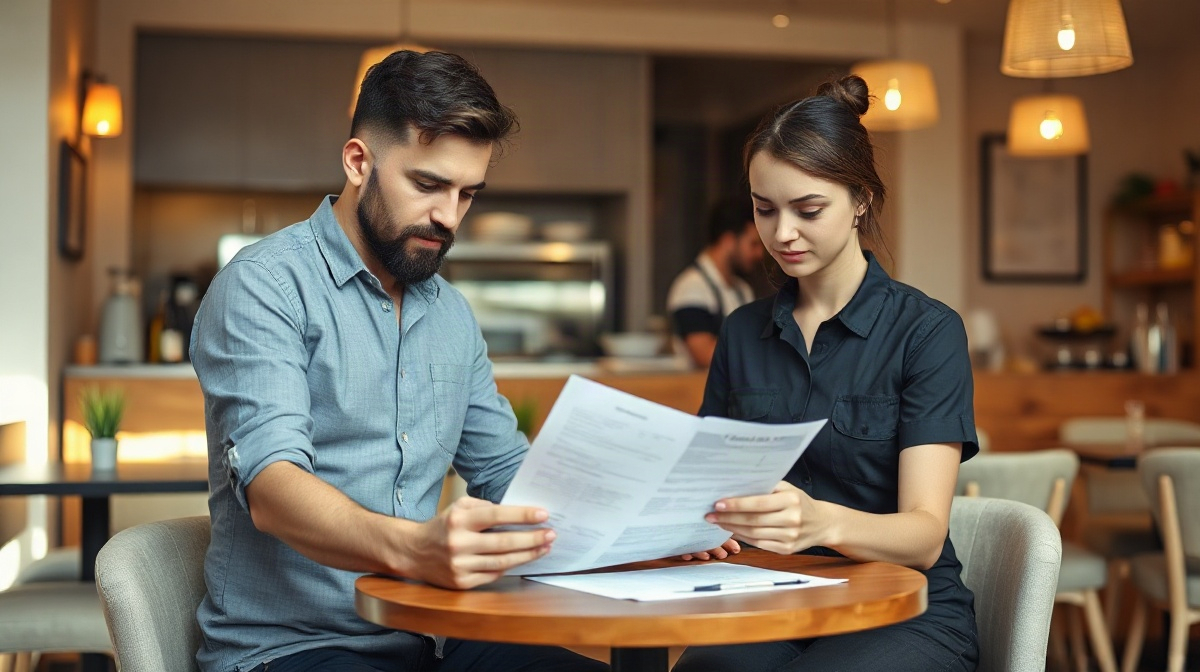 Responsable de restaurant et employé examinent des documents imprimés à table