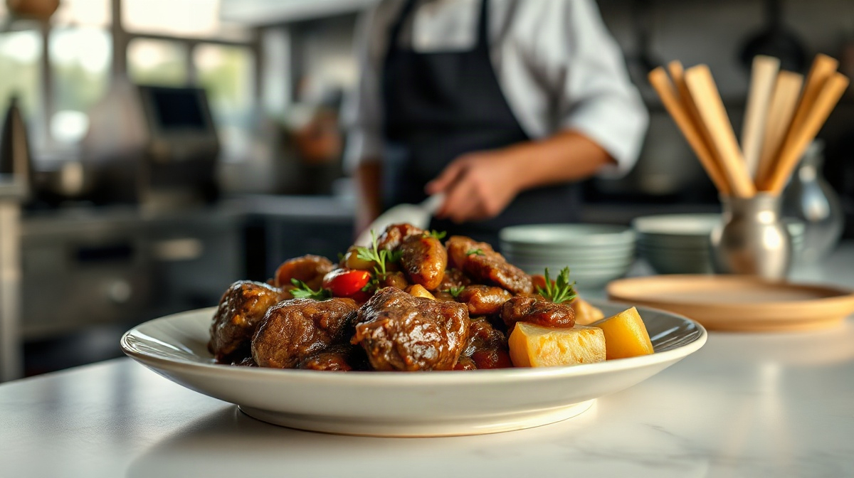 Bœuf bourguignon aux légumes posé sur le passe par un cuisinier
