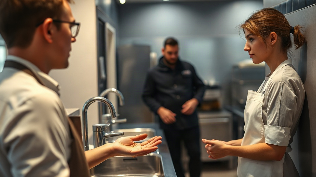 Employé en tablier suit une démonstration à un lave-mains en inox