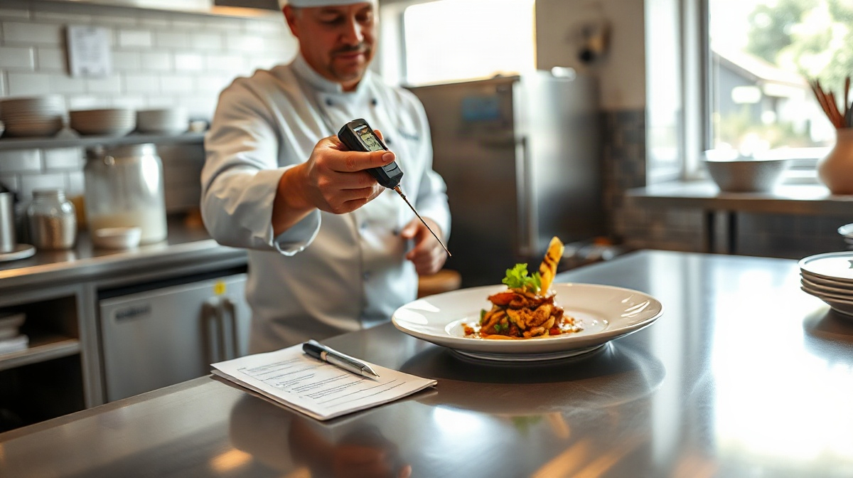 Cuisinier vérifiant la température d’un plat avec une sonde numérique