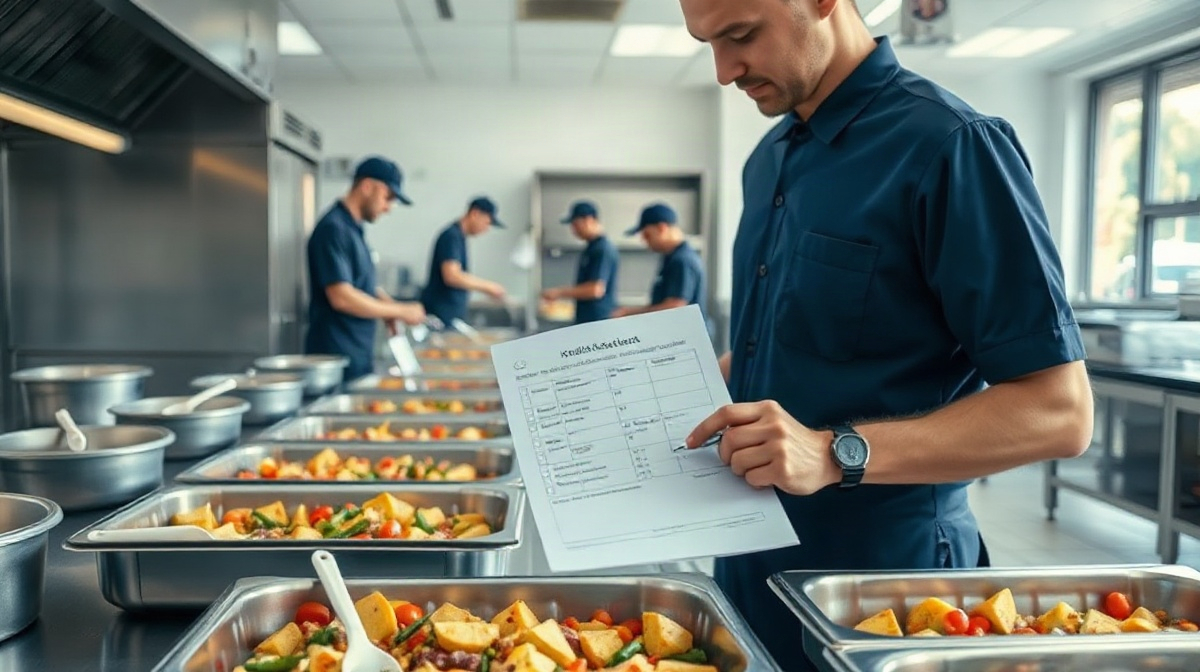 Employé consulte une feuille au stylo près de plats, collègues derrière