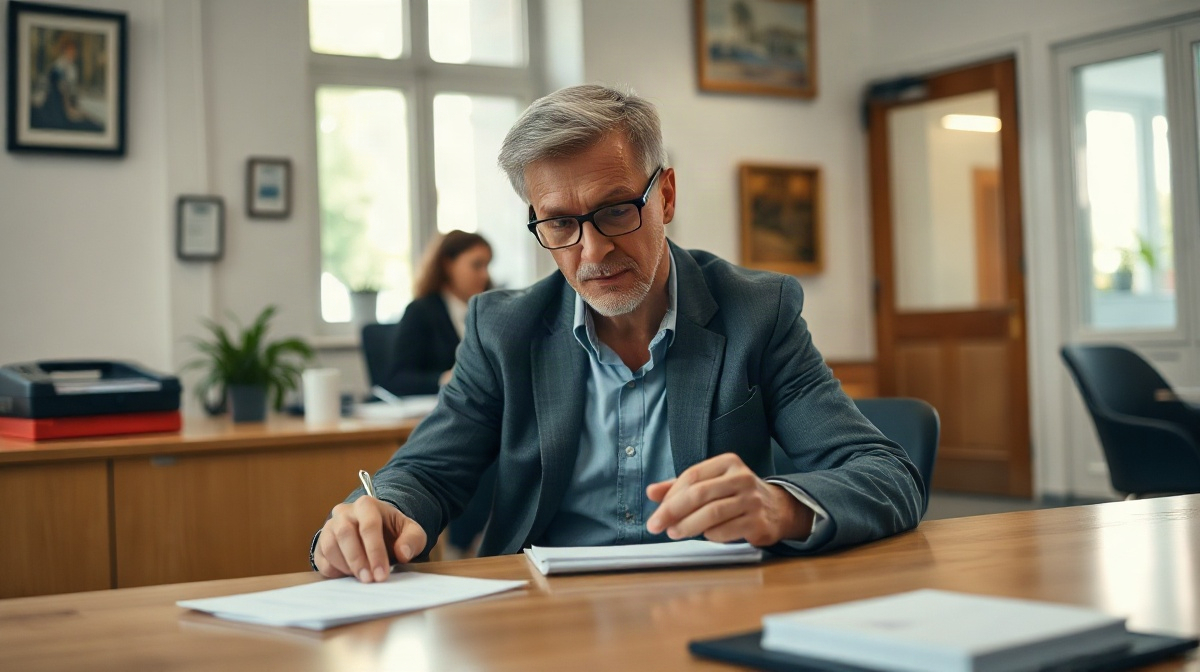 Restaurateur assis à un bureau remplissant des documents, agent municipal à proximité