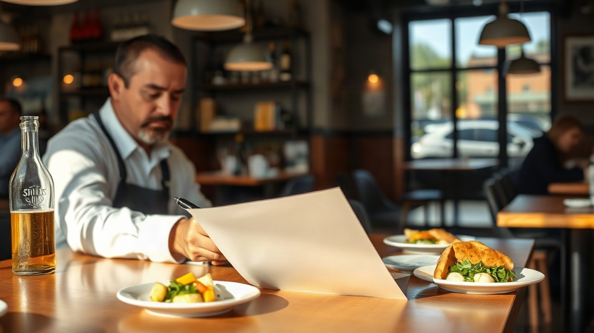 Restaurateur examinant des documents papier avec un stylo au comptoir