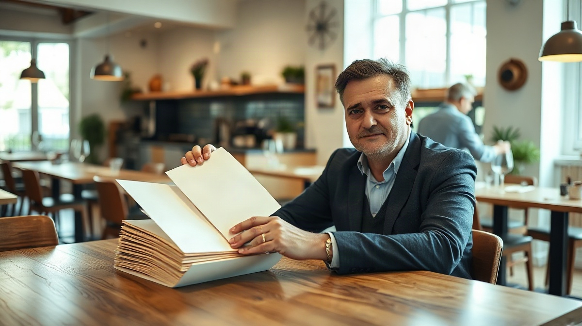 Restaurateur assis arrange des dossiers administratifs vierges avec un stylo