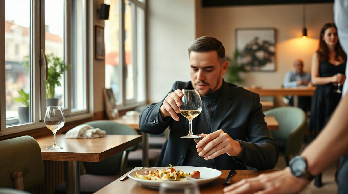Client attablé, repas simple, serveur posant un verre de vin à côté de l’assiette