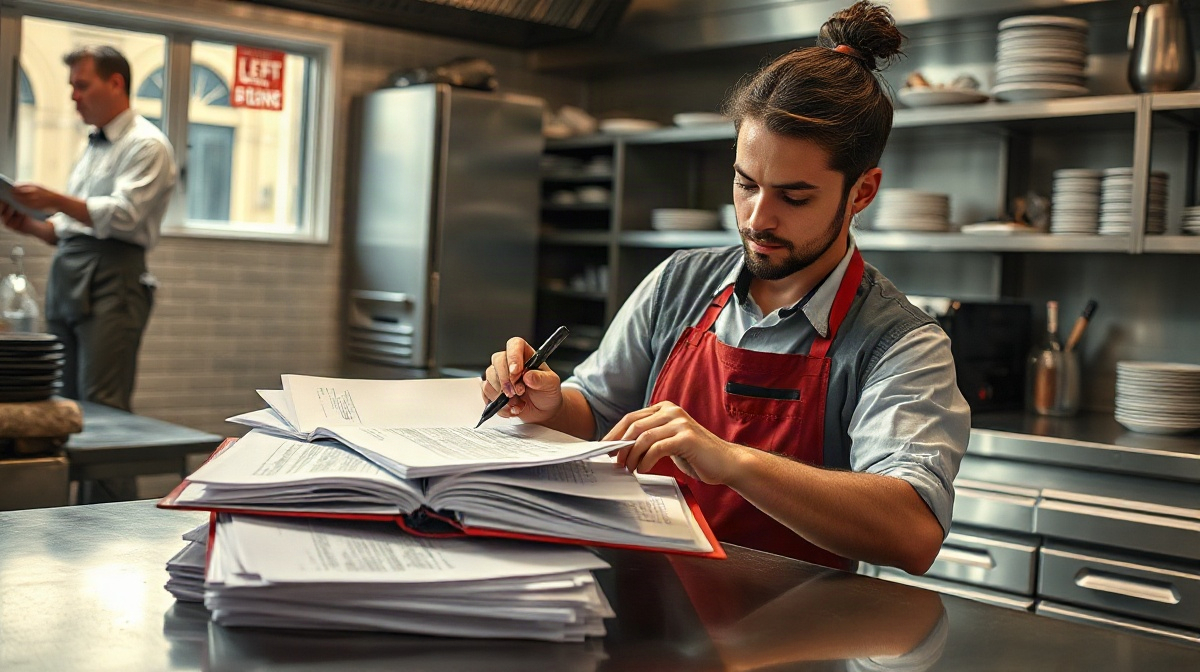 Responsable de restauration consultant un classeur et des formulaires à une table inox