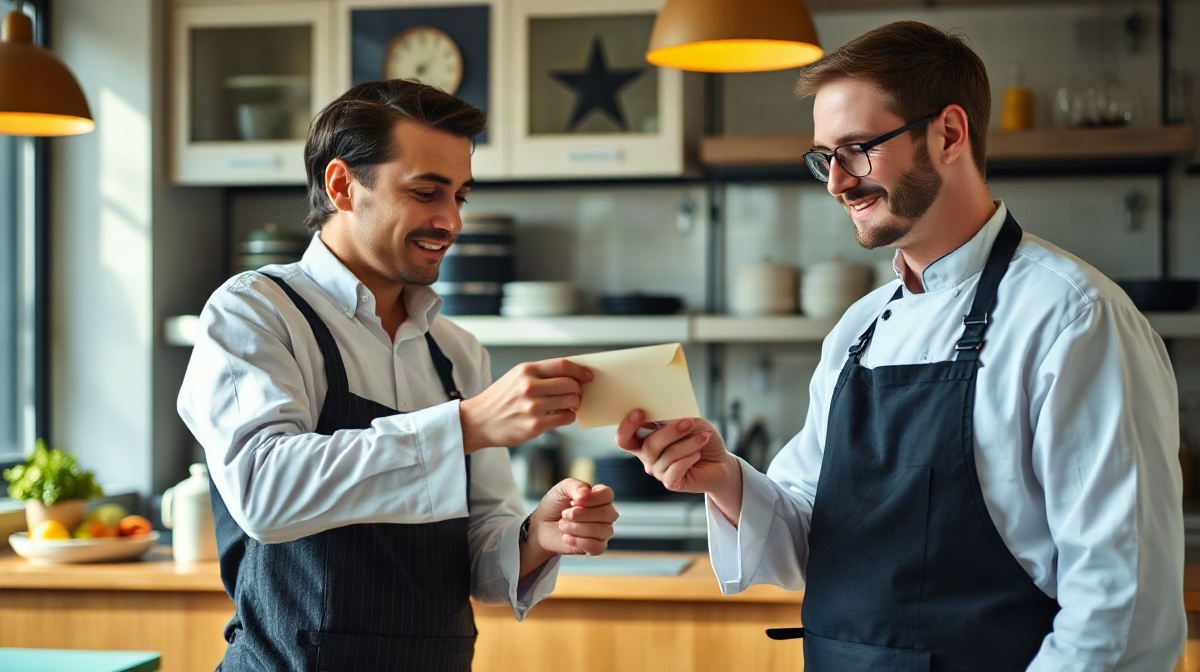 Serveur et chef partagent une enveloppe dans l’espace du personnel