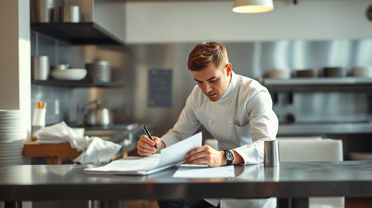 Cuisinier examinant des documents papier au stylo dans une cuisine professionnelle