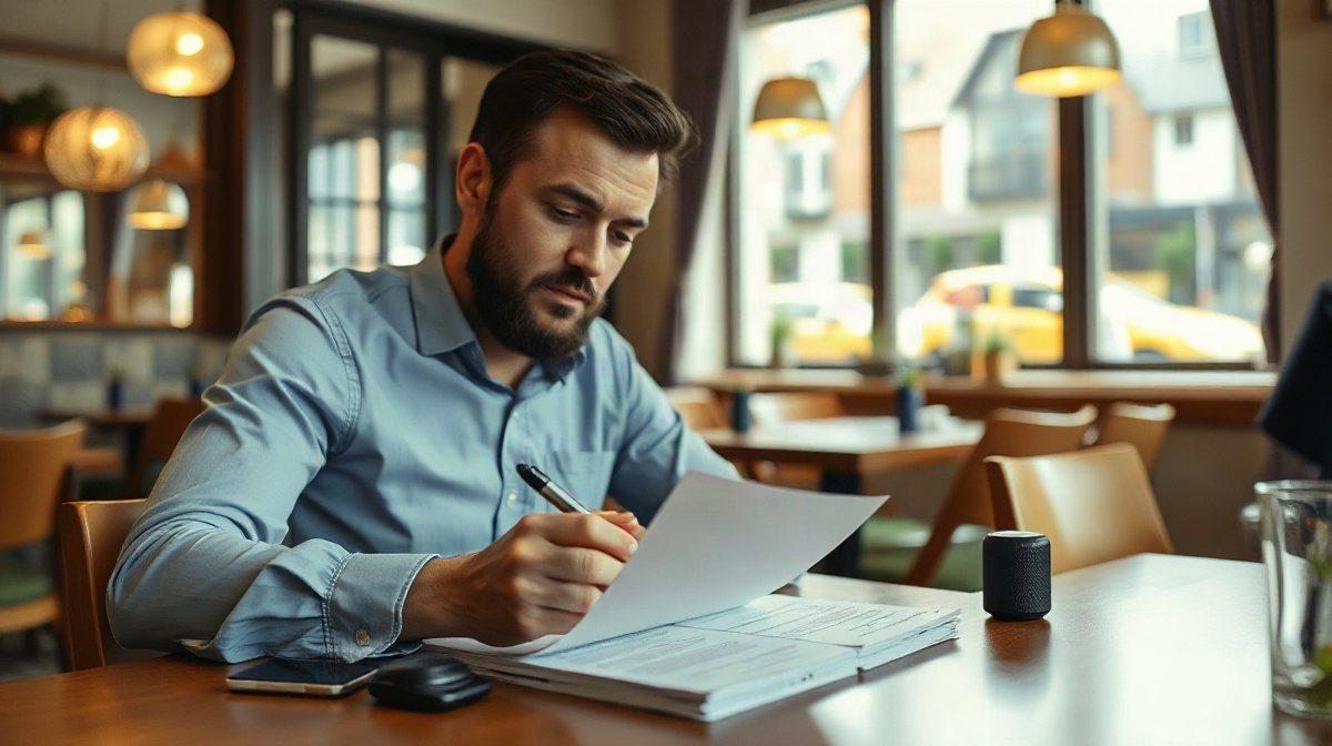 Restaurateur à table examinant des documents avec un stylo, enceinte derrière