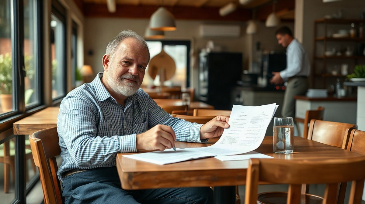 Restaurateur français examinant des documents administratifs vierges à table